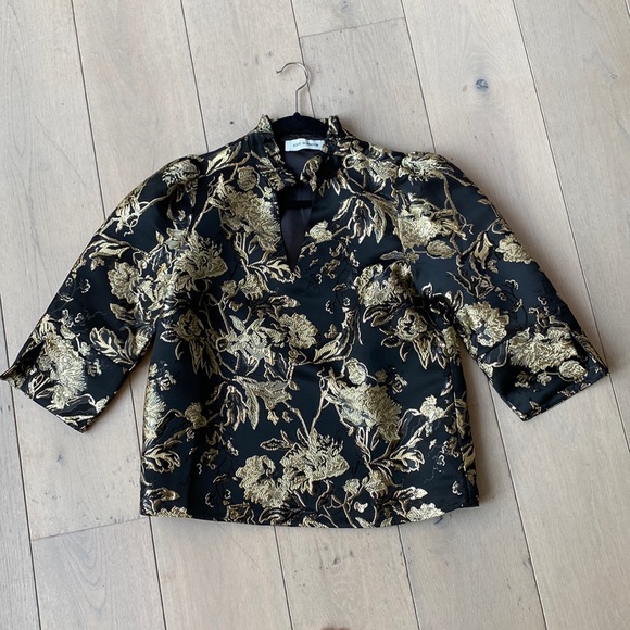 Sofie Schnoor Tops - Black & Gold Floral Jacquard V-Neck Blouse - Women